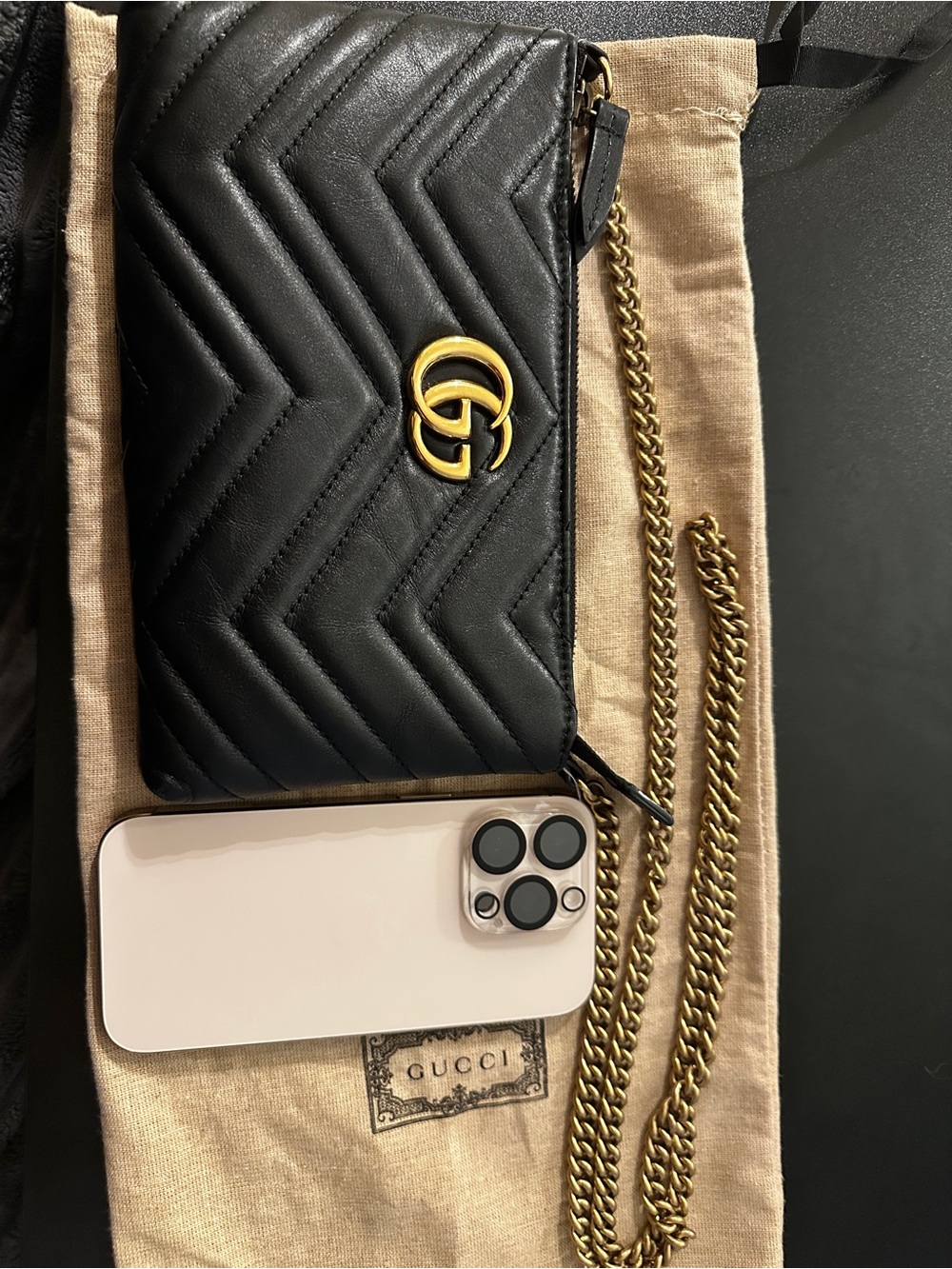 Authentic Gucci GG Marmont Black Pouch with Chain